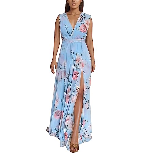 Damen-Kleid, elegant, Chiffon, ärmellos, Sommer, Blumendruck, geteilter Saum, Weste, Freizeitkleid A Linie Sexy Strandkleid (Sky Blue, S) von Sbyhbhyds