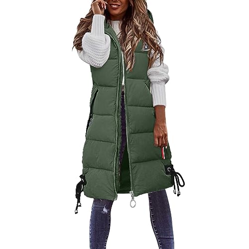 Weste Damen Winter lange Einfarbig Jacke Zip ohne Ärmel,Daunenweste Winterjacke Daunenjacke Warm Kapuze Steppjacke Wintermantel Casual Daunenmantel Wollfleece Mantel Fleecefutter (Green, XXXXL) von Sbyhbhyds