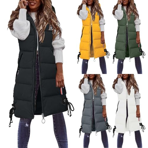 Weste Damen Winter lange Einfarbig Jacke Zip ohne Ärmel,Daunenweste Winterjacke Daunenjacke Warm Kapuze Steppjacke Wintermantel Casual Daunenmantel Wollfleece Mantel Fleecefutter Pullover (Black, XXL) von Sbyhbhyds