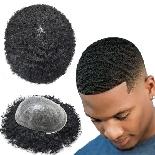 Afro Toupee for Basketball Players and Basketball Fans PU Afro Curly Hair Pieces for American African Black Men Brazilian Virgin Human Hair Afro Curl Toupee for Black Men (12mm wave) von ScAua