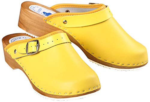 Aves-24 Clogs Pantolette Sandalette Holz + Leder Holzclogs Gr. 36-41 Holzschuhe (38, Gelb) von Aves-24