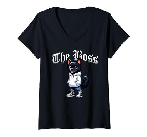 Damen Schipperke Dog The Boss Coole Jacke Outfit Hund Mama Papa T-Shirt mit V-Ausschnitt von Schipperke Lovers2024