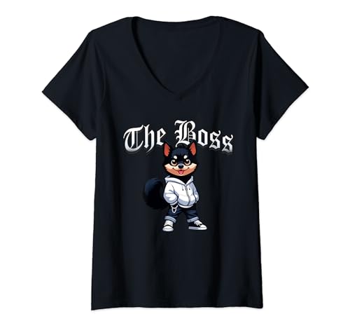 Damen Schipperke Dog The Boss Coole Jacke Outfit Hund Mama Papa T-Shirt mit V-Ausschnitt von Schipperke Lovers2024