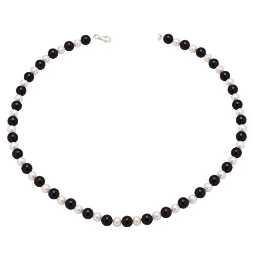 Kette Collier aus Onyx & Süßwasserperlen 925 Silber schwarz weiß Halskette Damen von Schmuck Krone