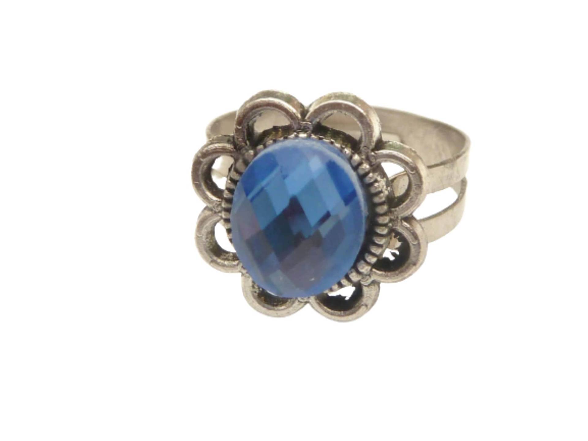 Zierlicher Ring Mit Facettiertem Glascabochon Blau Silber Größenverstellbar Geschenkidee Mädchen von Schmucktruhe