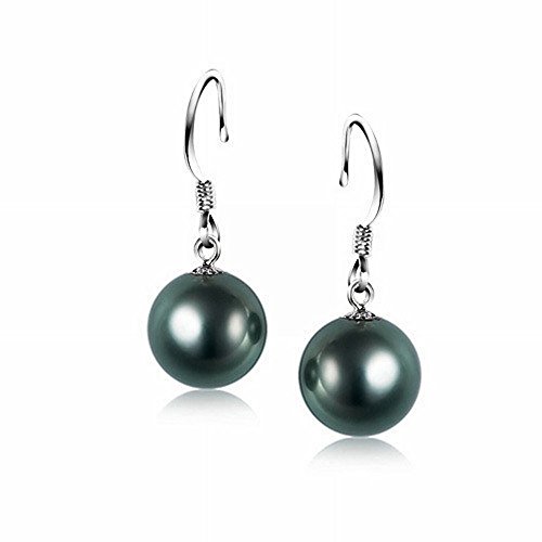 Schmuckwilli Perlenohringe für Damen & Mädchen - mit 14mm grün schwarzen runden Mallorca Muschelkernperlen - Elegante Ohrringe für jeden Anlass - Ohrstecker - Ohrhänger Pearl earrings von Schmuckwilli