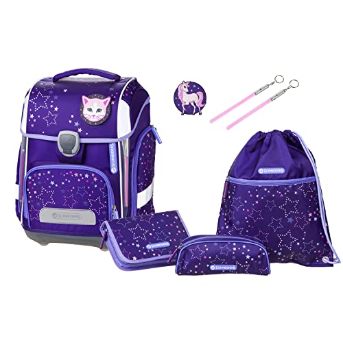 Schneiders 78385-074 - Schulranzen-Set Cosmic Girl in Violett, für Mädchen, 6-teiliges Set für den Schulanfang mit Schultasche, Federmappe, Schlamper, Sport-Beutel, 2 Klett-Motiven und 2 Leuchtstäben von Schneiders