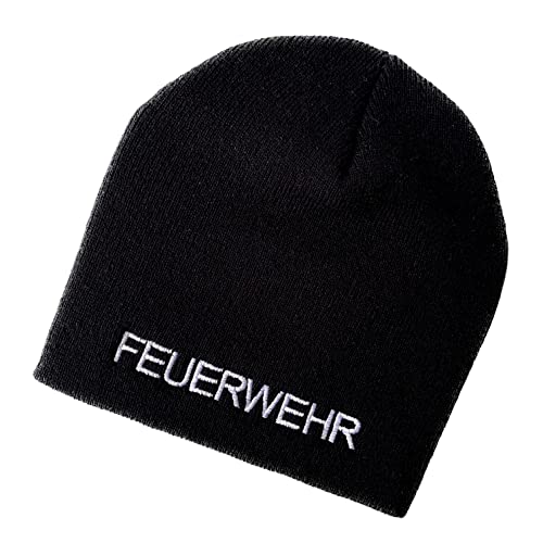 Schnoschi Schwarze Strickmütze (Beanie Mütze) mit Feuerwehr Bestickt für Herren, Damen, Jugendliche und Kinder von Schnoschi