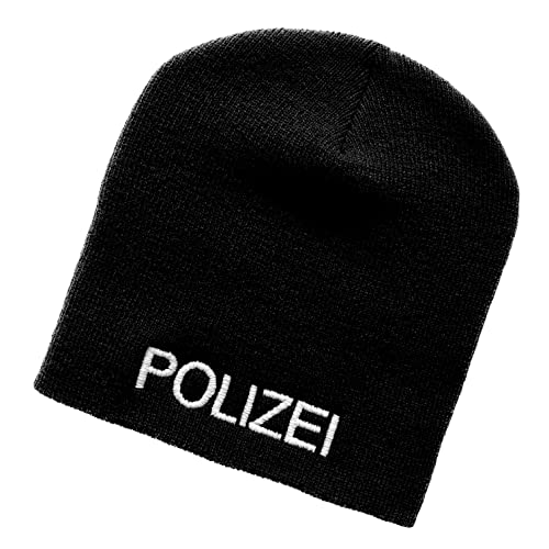 Schnoschi Schwarze Strickmütze (Beanie Mütze) mit Polizei Bestickt für Herren, Damen, Jugendliche und Kinder von Schnoschi