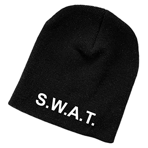 Schnoschi Schwarze Strickmütze (Beanie Mütze) mit SWAT Bestickt für Herren, Damen, Jugendliche und Kinder von Schnoschi