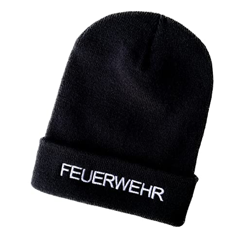 Schnoschi Schwarze Strickmütze mit breitem Umschlag (Beanie Mütze) mit Feuerwehr Bestickt für Herren, Damen, Jugendliche und Kinder von Schnoschi