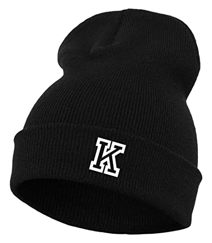 Schnoschi Schwarze Strickmütze mit breitem Umschlag (Beanie Mütze) mit Initialen Bestickt für Herren, Damen, Jugendliche und Kinder von Schnoschi