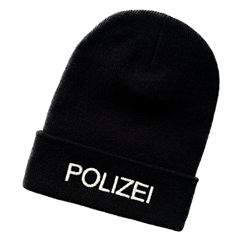 Schnoschi Schwarze Strickmütze mit breitem Umschlag (Beanie Mütze) mit Polizei Bestickt für Herren, Damen, Jugendliche und Kinder von Schnoschi