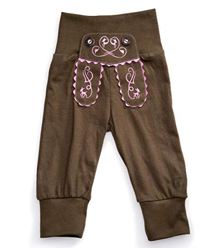 Schöneberger Trachten Couture Baby Stoffhose im Lederhosen Design – Babyhose mit elastischem Bund – Mädchen & Jungen Pumphose Kinderhose REH (62/68, Grün-Pink) von Schöneberger Trachten Couture