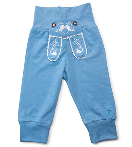 Schöneberger Trachten Couture Baby Stoffhose im Lederhosen Design – Babyhose mit elastischem Bund – Pumphose Kinderhose Bockkitz (74/80, Hellblau) von Schöneberger Trachten Couture