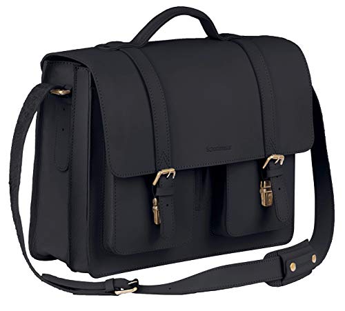 Schoolmaster new classic - black, klassische Lehrertasche & Aktentasche aus echtem Leder, viele Innenfächer, Laptoptasche, Umhängetasche & Ledertasche für Damen & Herren von Schoolmaster