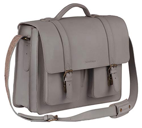 Schoolmaster new classic - grey, klassische Ledertasche & Aktentasche aus echtem Leder, viele Innenfächer, Laptoptasche, Umhängetasche & Lehrertasche für Damen & Herren von Schoolmaster