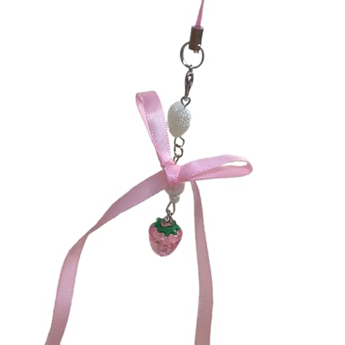 Scnvsi Niedlicher Handy-Charm-Anhänger aus Spitzenband, handgefertigter Erdbeer-Charm mit Spitzenband und Schleife, zierlicher Schlüsselanhänger-Ornament von Scnvsi