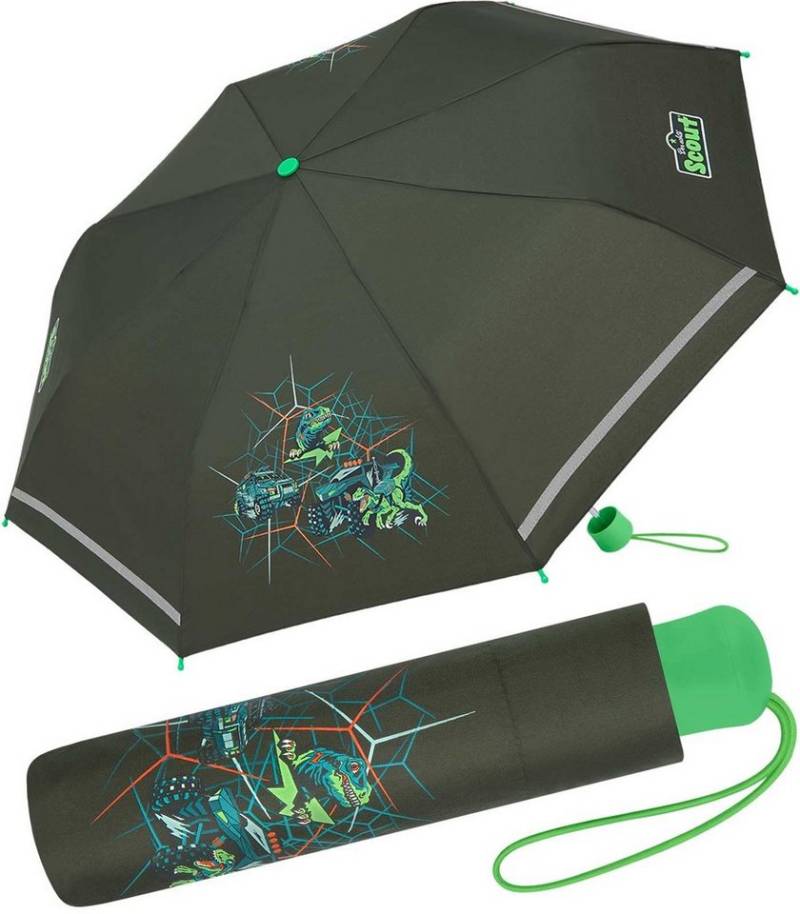 Scout Taschenregenschirm Dino Hunter - Mini Kinderschirm, extra leicht für Kinder gemacht, reflektierend und bedruckt von Scout