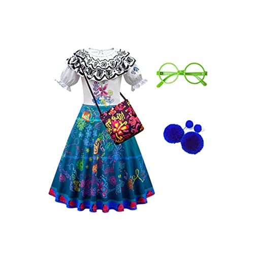 Seaehey Mirabel Madrigal Cosplay Kostüm Mirabel Kostüm Dress Up Requisiten Kopfbedeckung Isabela Madrigal Cosplay Halloween Kostüm Karneval Weihnachten Rock Tasche Perücke Brille von Seaehey