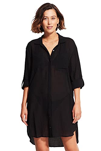 Seafolly Damen Crinkle Twill Shirt Cover Up Bademodeüberzug, Beach Basics Schwarz, Mittel von Seafolly