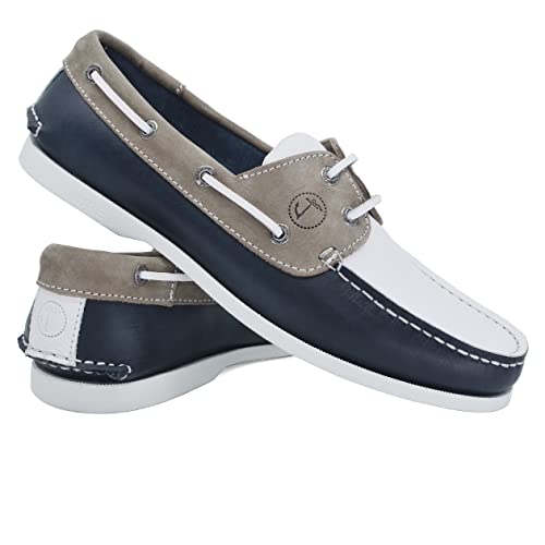 Seajure Herren Bootsschuhe Vendicari Marineblau, Weiß und Camel Leder und Nubuck (Numeric_44) von Seajure