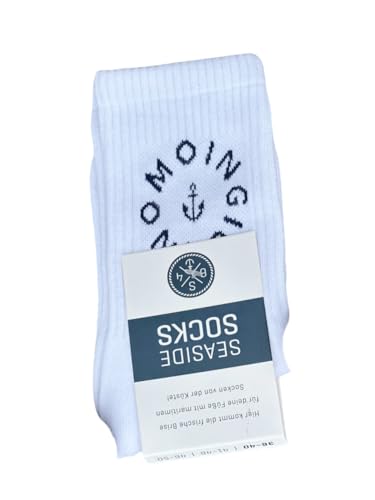 Seaside No.64 - Socken mit maritimer Botschaft - Tennissocken im nordischen Stil - farbige Strümpfe mit Schriftzug - Unisex auch für alle Landratten (Moingiorno - weiß/navy, L = 46-50) von Seaside No.64