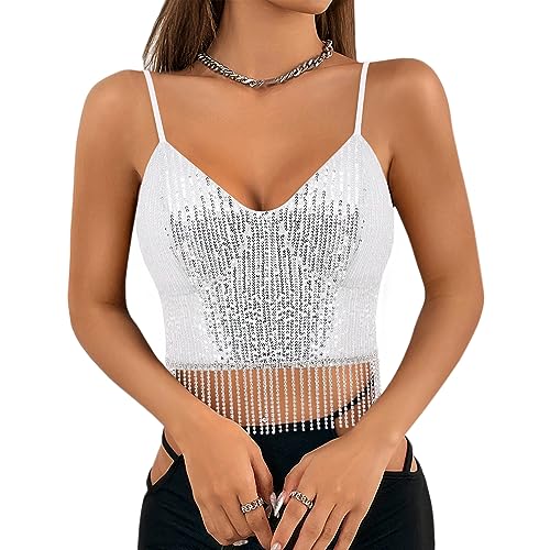 Segreto Damen Glitzer Pailletten Tanktop Sexy Strass Quaste Ärmellos Spaghettiträger Crop Top Trägertop Festival Party Club Silber Camisole von Segreto