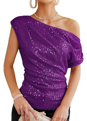 Segreto Damen Glitzernde Pailletten Tops Eine Schulter Geraffte Asymmetrische Glitzer Tops Slim Fit Party Shirts Bloues, Violett/L Segreto Damen Glitzernde Pailletten Tops Eine Schulter Geraffte Asymmetrische Glitzer Tops Slim Fit Party Shirts Bloues, Violett/L von Segreto
