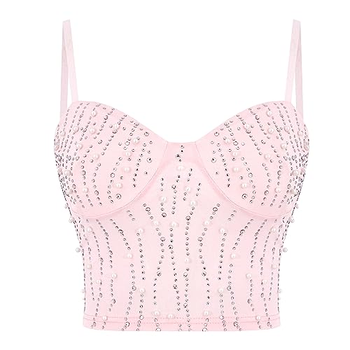 Segreto Damen Perlen Strass Crop Top Diamant Ärmellos Spaghettiträger Glitzer Trägertop Grundlegend Tank Tops Cami Weste Club Party Rosa von Segreto