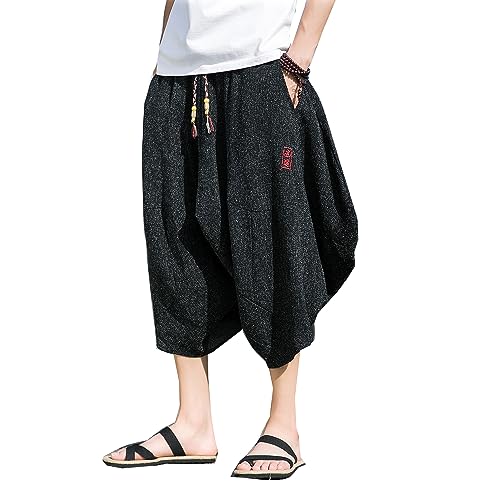 Seidarise Japanischer Kimono, traditionelle Strandhose, Leinen, Capri-Sommer-Haremshose, weites Bein, kurze Hose, 68 Schwarz, Mittel Seidarise Japanischer Kimono, traditionelle Strandhose, Leinen, Capri-Sommer-Haremshose, weites Bein, kurze Hose, 68 Schwarz, Mittel von Seidarise