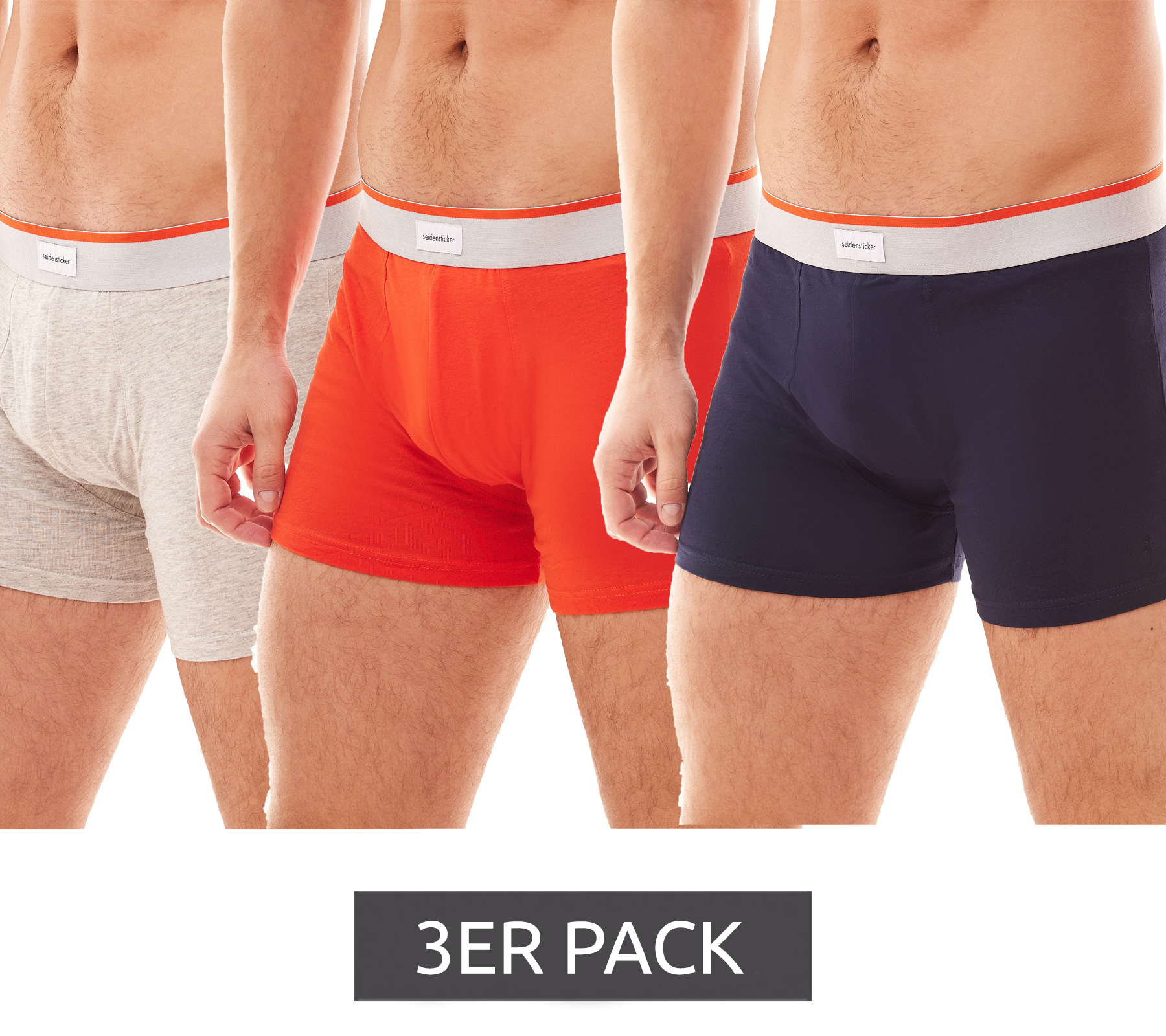 3er Pack seidensticker Cotton Flex Boxer Trunk Herren Boxershorts mit Logo-Bund 12.200026 Navy/Grau/Orange von Seidensticker