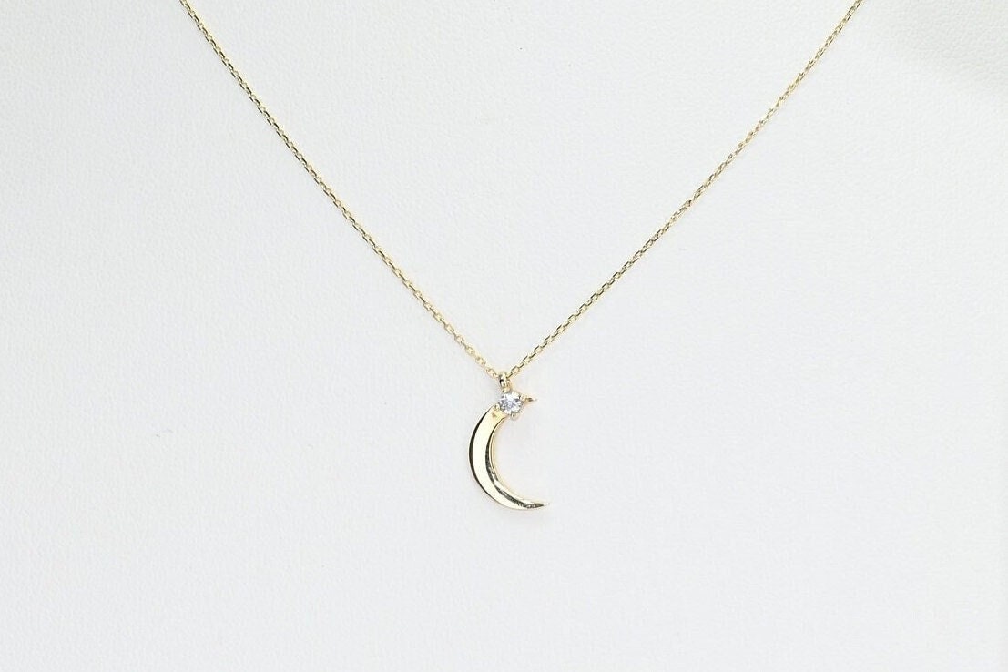 14K Solid Gold Zierliche Mond Halskette/Echtgold Premium Halbmond Anhänger Stern Für Sie Handgemachter Schmuck Von Selanica von SelanicaFineJewelry