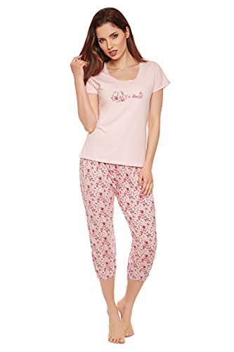 Moonline moderner und bequemer Damen Capri-Pyjama, aus 100% weicher Baumwolle, Capri-rosa, Gr. XL von Selente