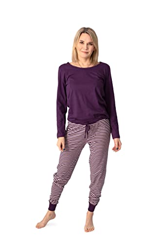 Selente Sweet Dreams moderner und bequemer Damen Pyjama, aus weicher Baumwolle, Pflaume-gestreifte Hose, Gr. XL von Selente