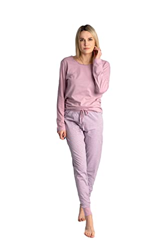 Selente Sweet Dreams moderner und bequemer Damen Pyjama, aus weicher Baumwolle, Rosa-gestreifte Hose, Gr. L von Selente