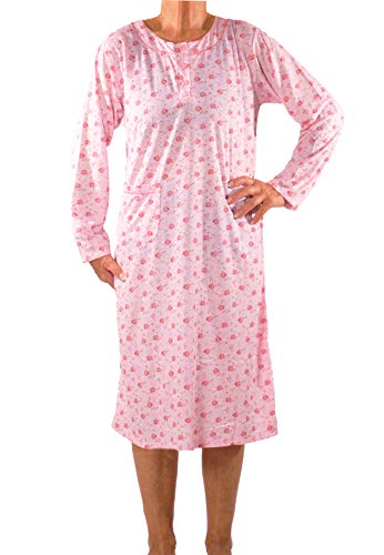 Seniorenmode24 Damen Senioren Oma Nachthemd mit Blumenmuster kuschelig weich aus Baumwolle ideal für pflegebedürftige Omas einfach anzuziehen und super pflegeleicht (pink, 50/52) von Seniorenmode24