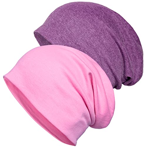 Senker Fashion Slouchy Beanie-Mütze, Baumwolle, Chemo-Kopfbedeckung, für Damen und Herren, 2 Stück, E-Rosa/Violett, Large von Senker Fashion