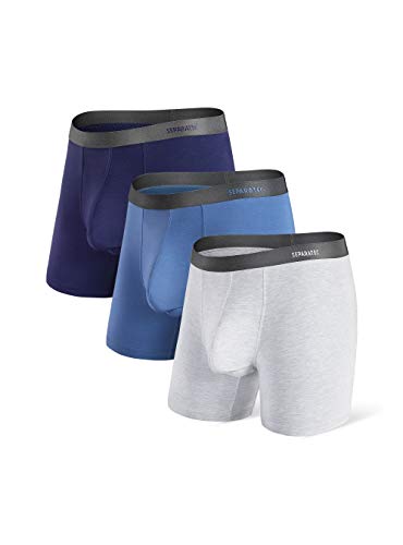 Separatec Herren Boxershorts Glattes Bambus-Rayon mit separaten Beuteln Unterwäsche Boxershorts Stilvolle Badehose, 3er-Pack,L,Lange Beine: Dunkelblau+ Graublau+ Hellgrau von Separatec