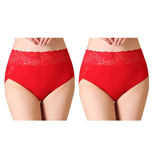 Serecofo 2er-Pack Damen Spitzenhöschen mit hoher Taille Slips Höschen aus Baumwolle Damenunterwäsche Größe 34-50 Elastische Hipster Shorts (44-46, 2 Rot) von Serecofo