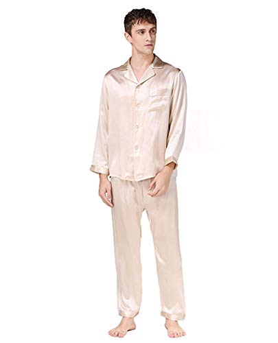 Herren Seide Nachtwäsche Pyjama Nachtwäsche Langarmshirt & lange Hose, 100% Seide (Hauptteil), 5 Farben, gold, XXL von Seres