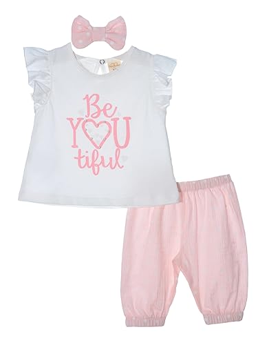 Serkon 0093 Baby Mädchen Set, Hose, T-Shirt und Stirnband aus Baumwolle 3-teiliges Sommer Set (18-24 Monate, Rosa) von Serkon