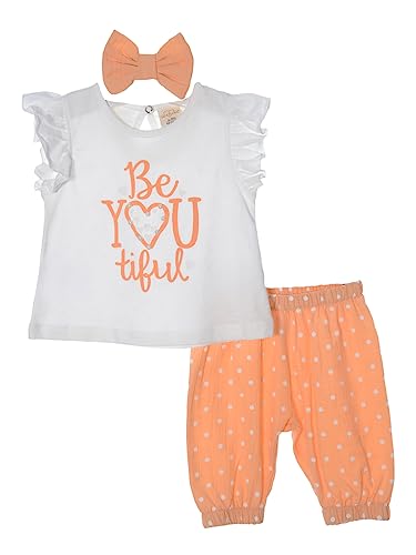 Serkon 0093 Baby Mädchen Set, Hose, T-Shirt und Stirnband aus Baumwolle 3-teiliges Sommer Set (6-9 Monate, Aprikose) von Serkon