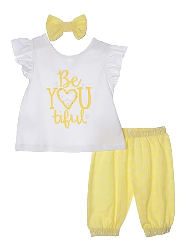 Serkon 0093 Baby Mädchen Set, Hose, T-Shirt und Stirnband aus Baumwolle 3-teiliges Sommer Set (6-9 Monate, Gelb) von Serkon