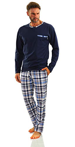 sesto senso Herren Schlafanzug Lang Pyjama 100% Baumwolle Langarm Shirt mit Tasche Pyjamahose Zweiteilig Set Nachtwäsche Dunkelblau Blau Kariert L Jasiek 2188/17 von sesto senso