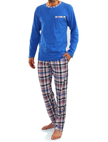 sesto senso Herren Schlafanzug Lang Pyjama 100% Baumwolle Langarm Shirt mit Tasche Pyjamahose Zweiteilig Set Nachtwäsche Blau Kariert L Jasiek 2243/09 von sesto senso