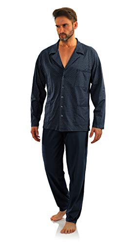 sesto senso Herren Schlafanzug Lang Pyjama Knopfleiste 100% Baumwolle Knöpfe Langarm Shirt Taschen Pyjamahose Zweiteilig Set Nachtwäsche M Anker dunkelblau von sesto senso