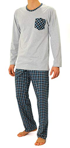 sesto senso Herren Schlafanzug Lang Pyjama 100% Baumwolle Langarm Shirt mit Tasche Pyjamahose Zweiteilig Set Nachtwäsche Grau Kariert Blau Türkis M 04 TURKUS von sesto senso