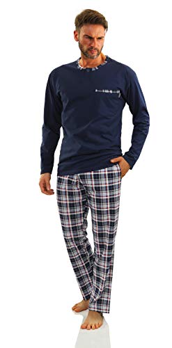 sesto senso Herren Schlafanzug Lang Pyjama 100% Baumwolle Langarm Shirt mit Tasche Pyjamahose Zweiteilig Set Nachtwäsche Dunkelblau Kariert XL Jasiek 2188/06 von sesto senso