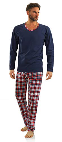 sesto senso Herren Schlafanzug Lang Pyjama 100% Baumwolle Langarm Shirt mit Tasche Pyjamahose Zweiteilig Set Nachtwäsche Dunkelblau Navy blau Kariert L Granat WALDI von sesto senso